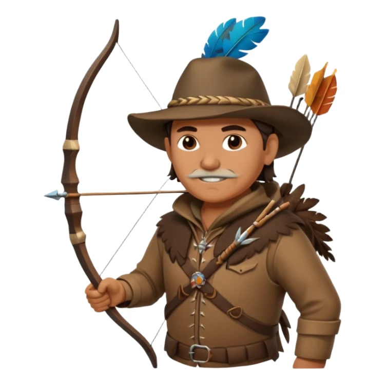 A classic middle-aged hunter with a bow and arrow on his back, dressed in brown clothes and decorated with feathers or bone teeth sticker