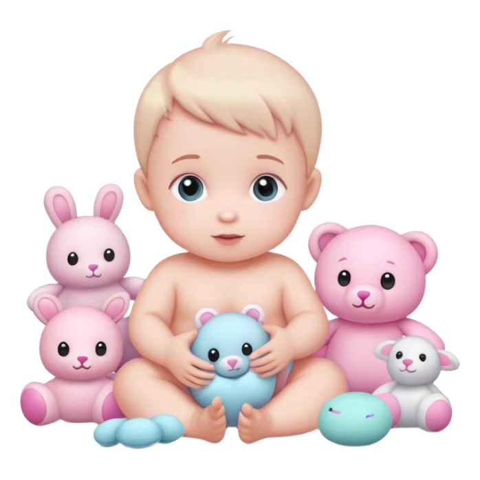 cute baby playing with pastel pink toys and plushies sticker
