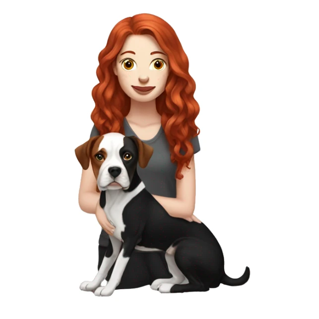 Long Red haired woman with septum piercing holding black and white English Staffordshire dog sticker