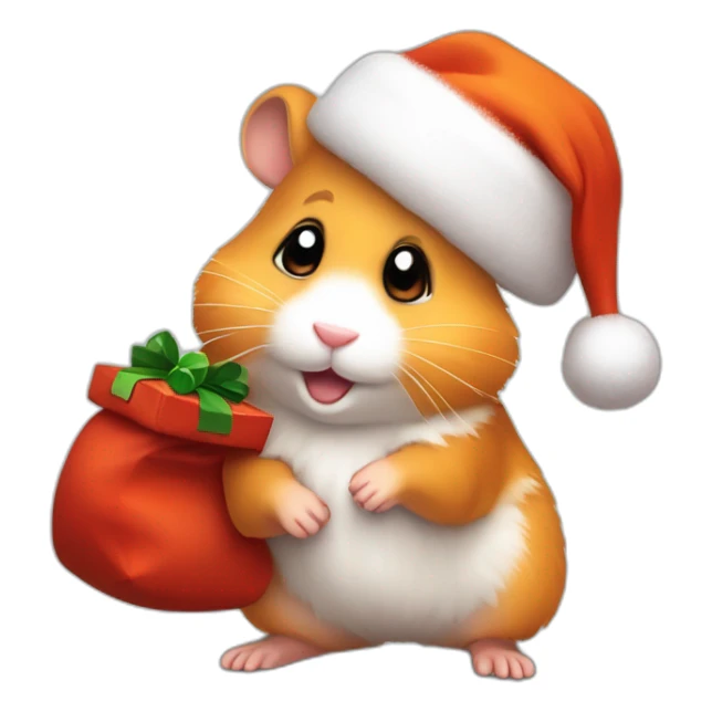 A joyful (((Orange Hamster))) dressed as ((Santa Claus)), with a warm expression and and a sack of gifts with a christmas hat, pixelart sticker