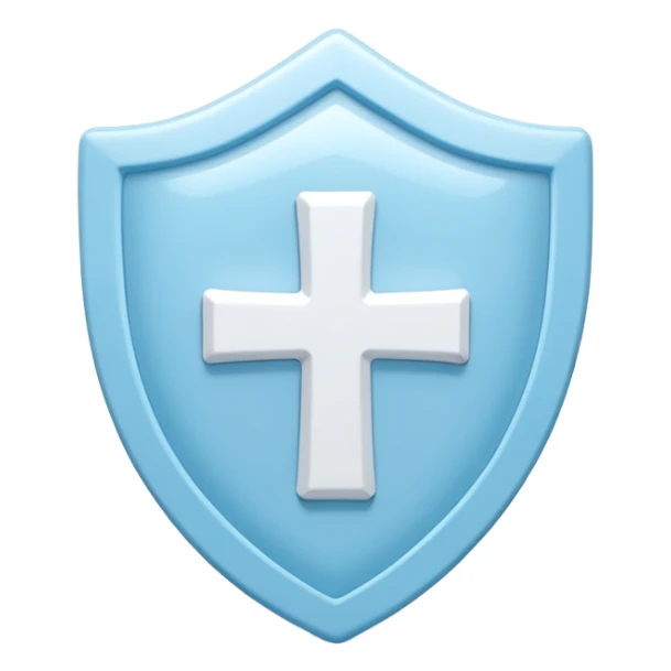A cute 3D render icon of a protective shield. Rounded edges, plump, glossy plastic material. Sky blue and white color palette. A subtle, soft white cross or heart symbol embossed in the center. Clean studio lighting, soft shadows. Isolated on a light pastel background. Minimalist design. sticker