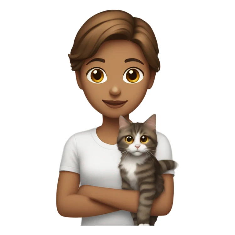 Girl with brown short hair and young Maine Coon brown and white sticker
