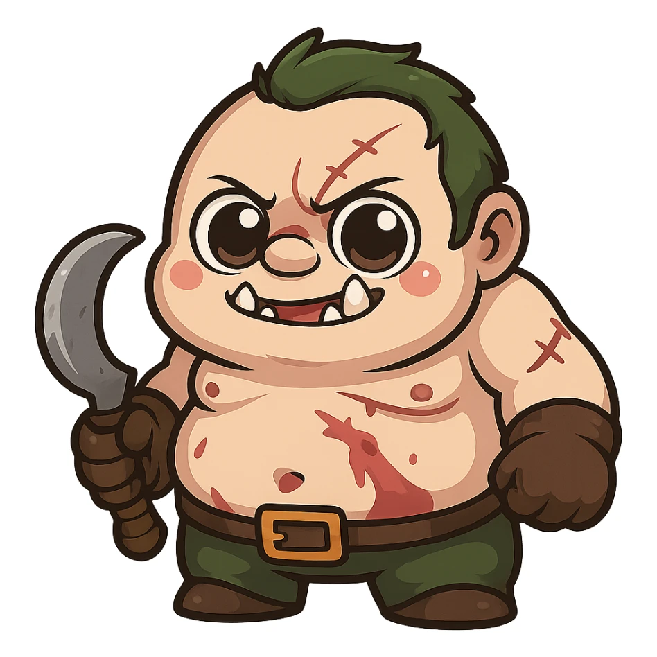 Pudge in a cute, chibi-style cartoon redesign, round proportions, big eyes sticker