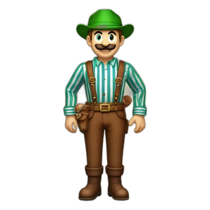 bavarian octoberfest visitor in super mario style. With a green hat, blue and white stripes shirt and brown leather pants.  sticker