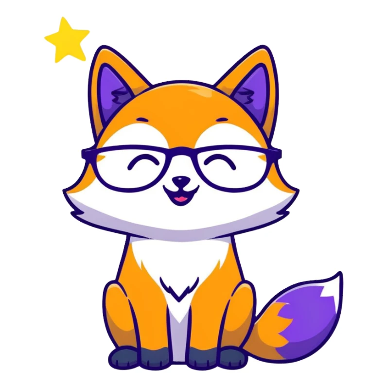A magical fox with shimmering purple and blue fur, a glowing tail, a silver star on its forehead, and round glasses, laughing so hard that tears are streaming from its eyes sticker
