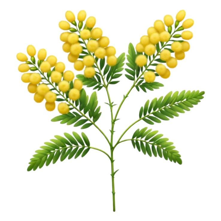 a few mimosa flowers, fluffy round yellow, filament-like petals, on thin green stems with feathery leaves, vibrant soft early spring, no extras, apple emoji style, soft lighting, transparent background, emoji scale sticker