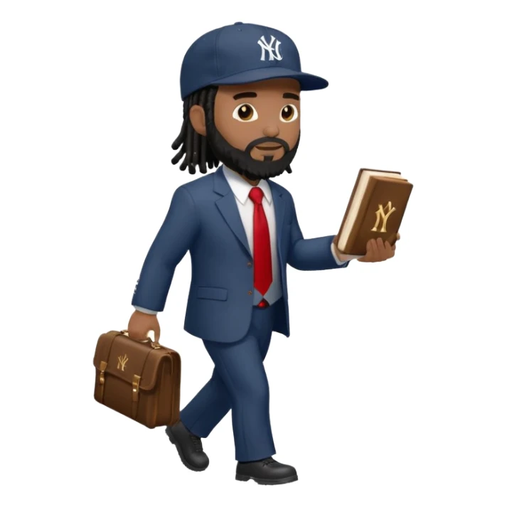 African American man with shoulder length black dreadlocks with black beard wearing a New York Yankees logo baseball cap wearing a suit with red tie walking to the right holding a Holy Bible sticker