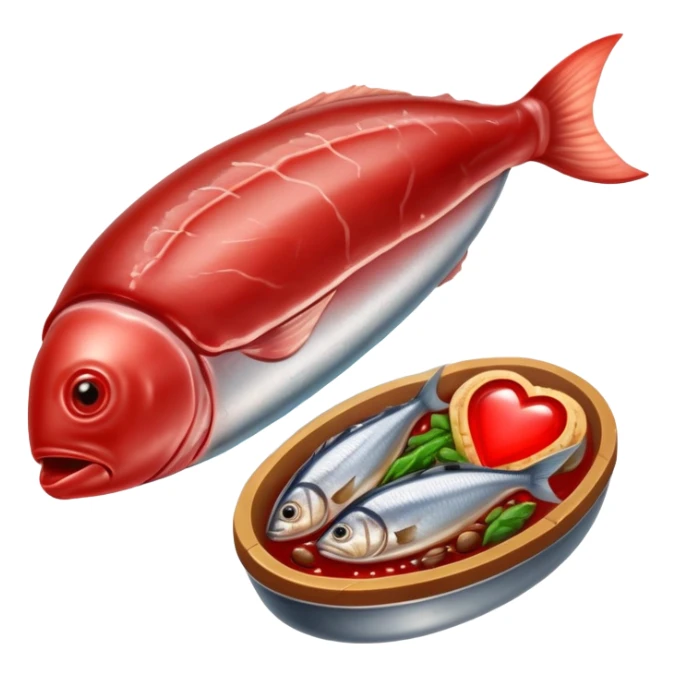 Ethereal red meat, liver, and sardines glowing with magical energy surrounding a bright red blood cell. Mystical light connects the foods to the blood cell and flows toward a heart and muscles, showing heme iron's role in creating vitality and energy throughout the body. sticker