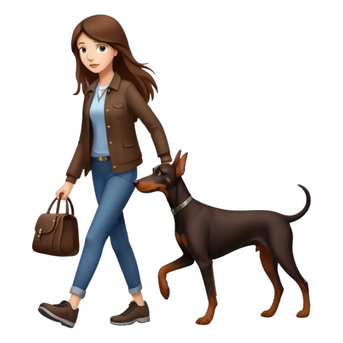 A girl with long brown hair walking a Doberman sticker