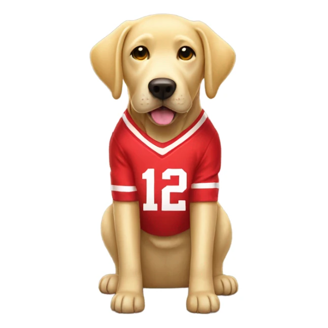 Yellow lab wearing a Nebraska football sweater sticker