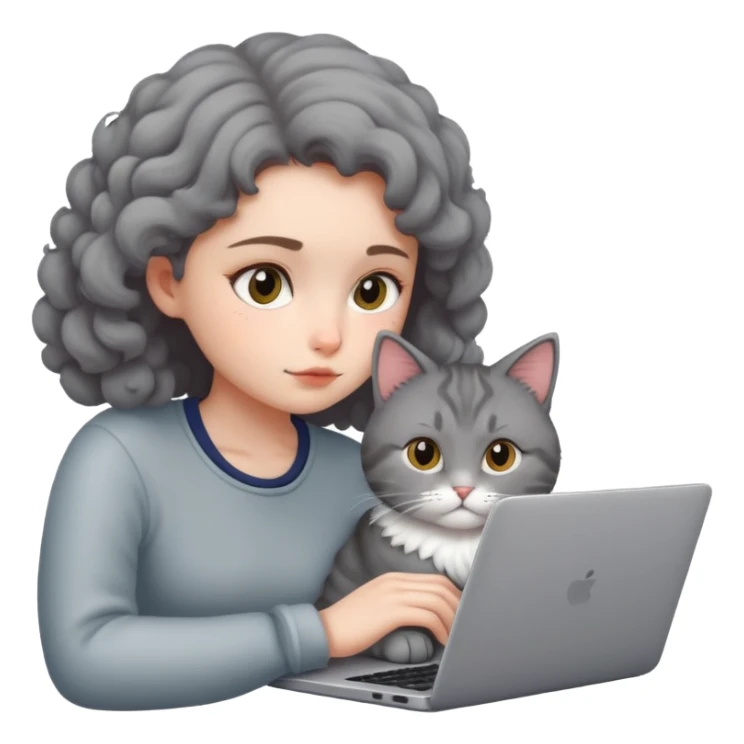 A girl is working hard on a laptop with a cat next to it sticker
