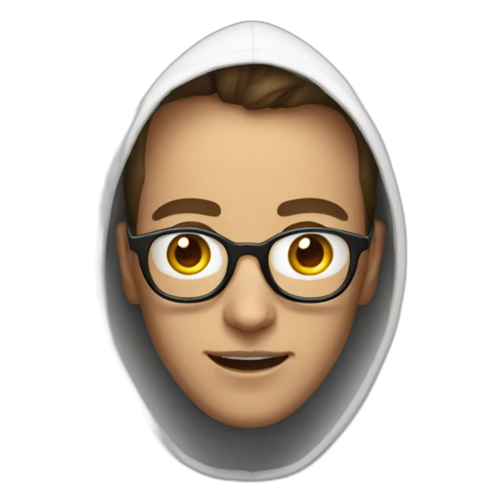 a man in a white hoodie with glasses and egg-shaped face with open mouth sticker