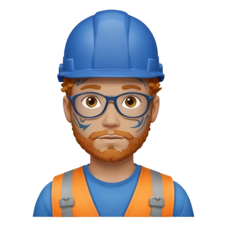 construction worker man ginger curly hair, blue helmet, heavy face tattoo sticker