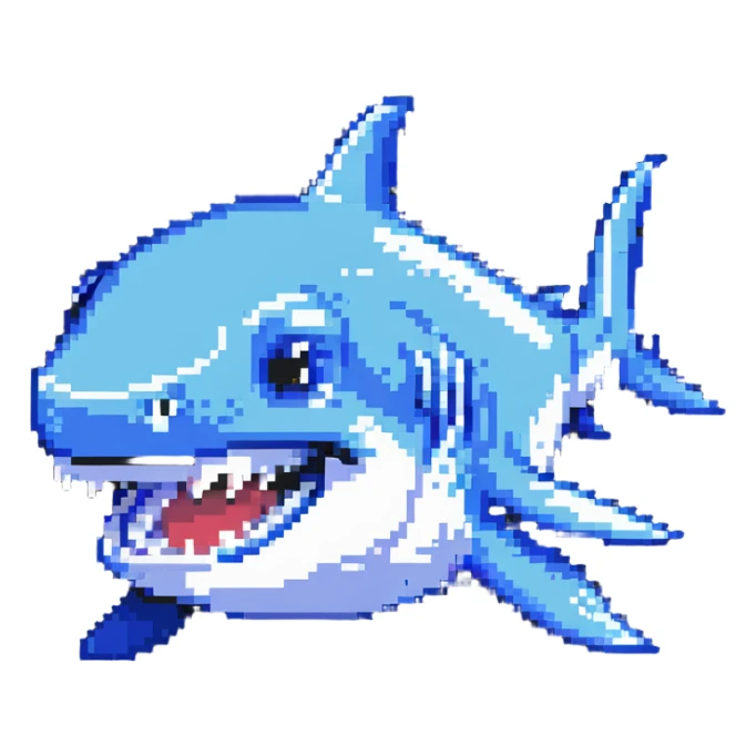 smiling shark with visible white teeth and blue body sticker