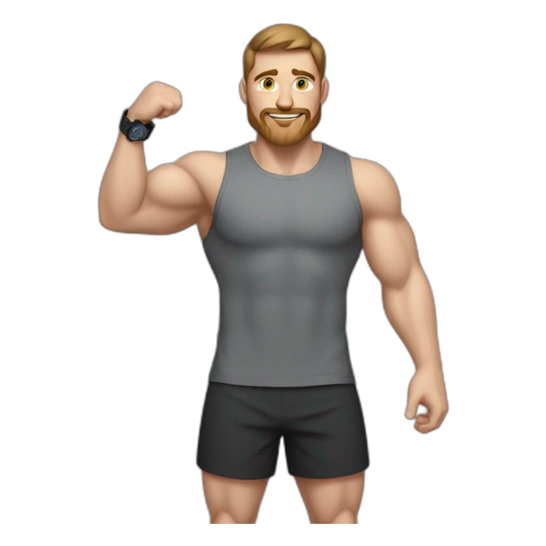 Close up Actively gesturing  with hands Pale skinned Fit Man With the biceps and brown hair in dark gray Sleeveless Mike, black oversize sports shorts, watch and white Sneakers sticker