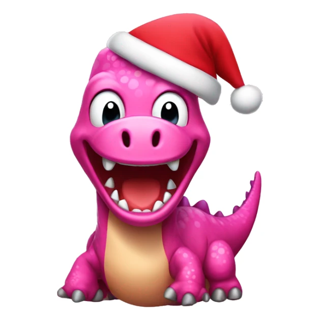 a happy pink dinosaur with a Santa hat sticker