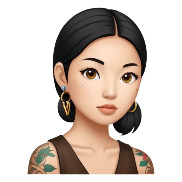 Asian woman with LV tattoo on left cheek sticker