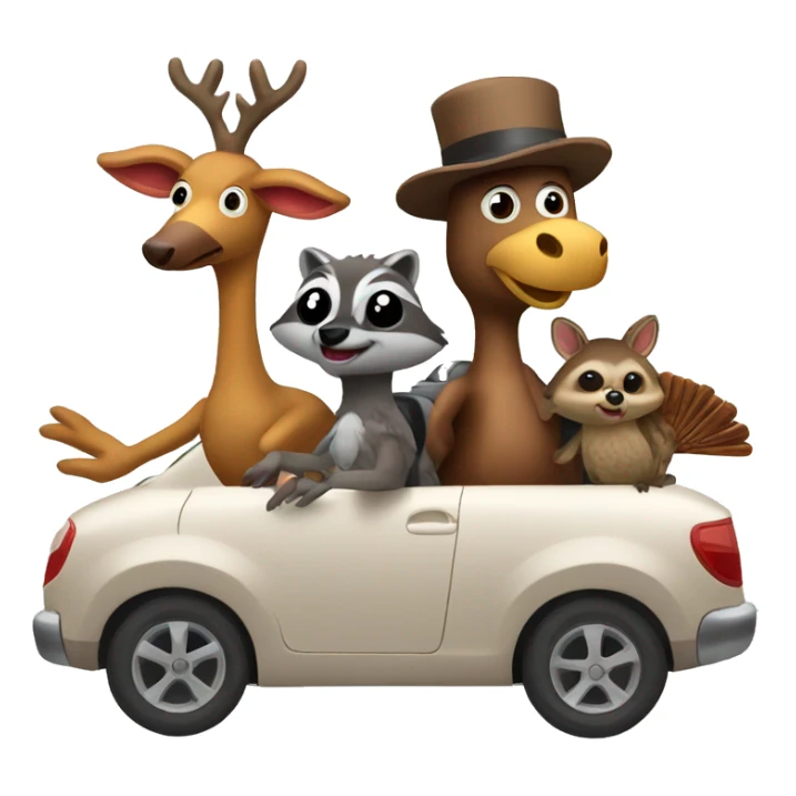 Turkey, raccoon and deer riding in car sticker