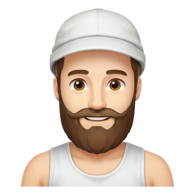 Alex Hormozi, white man with mid-long hair wearing a cap, big beard, smiling, white tank top sticker