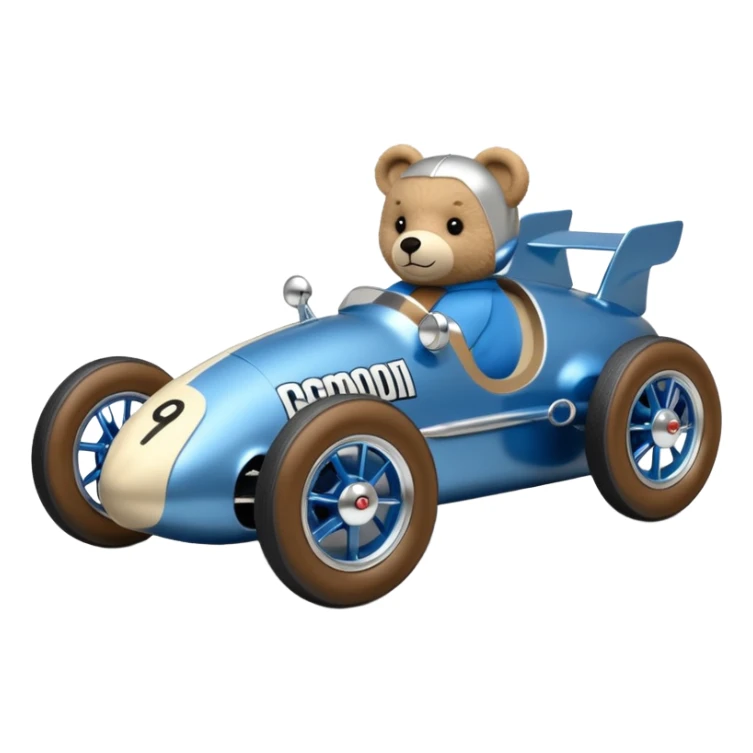  Metallic blue and lightly chrome-accented Antique-looking  kid-sized race car for teddy bear with custom aero body and rear wing  sticker