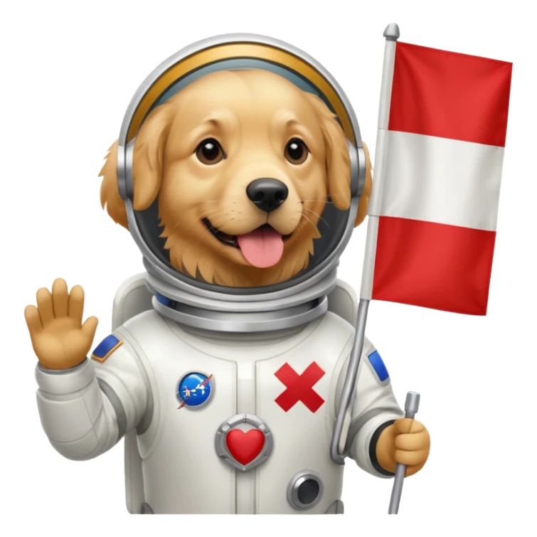 golden retriever in space suit holding red rectangle flag sticker