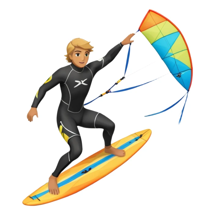 An athlete in a wetsuit riding a kiteboard, soaring over the sea waves with the kite high in the sky. The background features a vibrant blue sky and crashing ocean waves, capturing the thrill and freedom of kitesurfing in dynamic motion. sticker