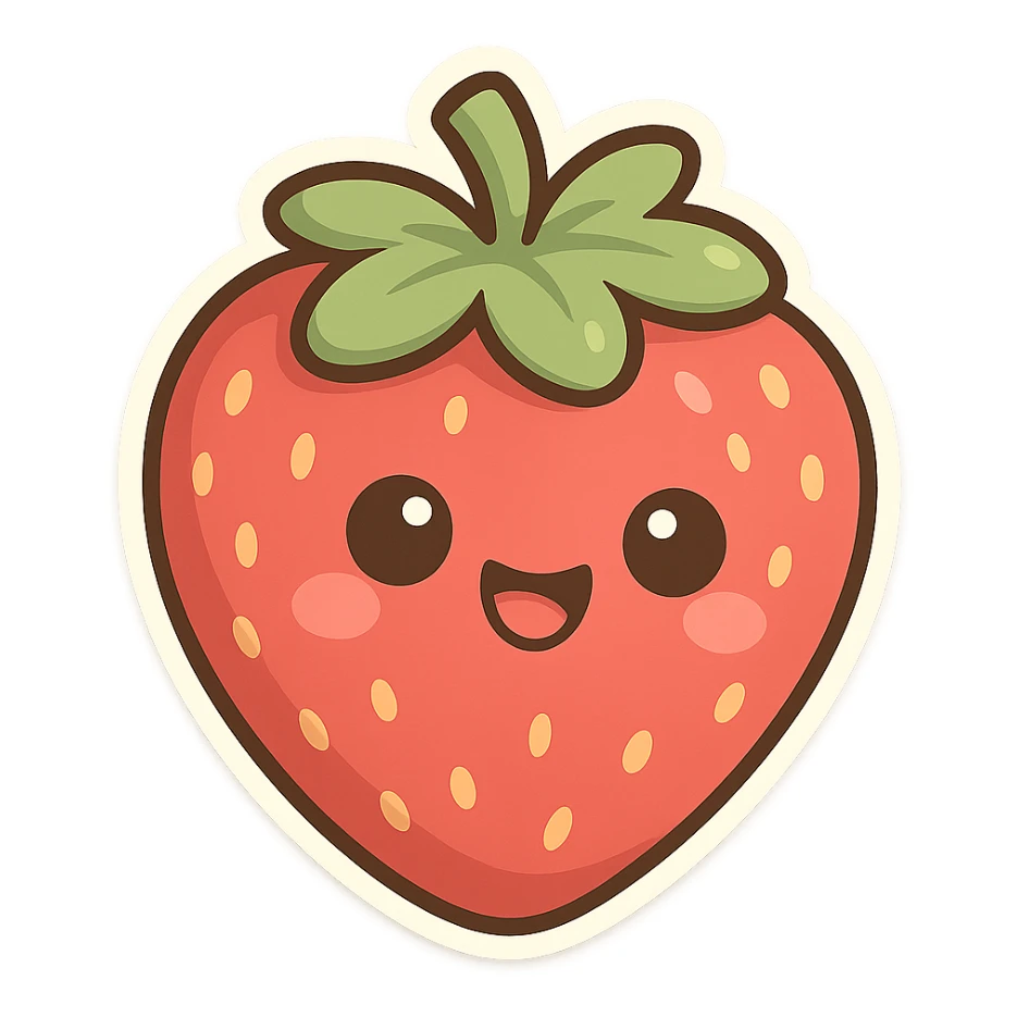 chibi sticker-style strawberry with a smiling face, cute and exaggerated sticker