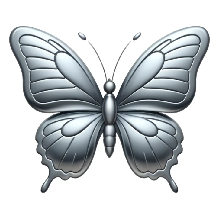 Liquid metal butterfly emoji, silver chrome material, iOS emoji style, smooth curves, reflective surface, elegant and minimal, white background sticker