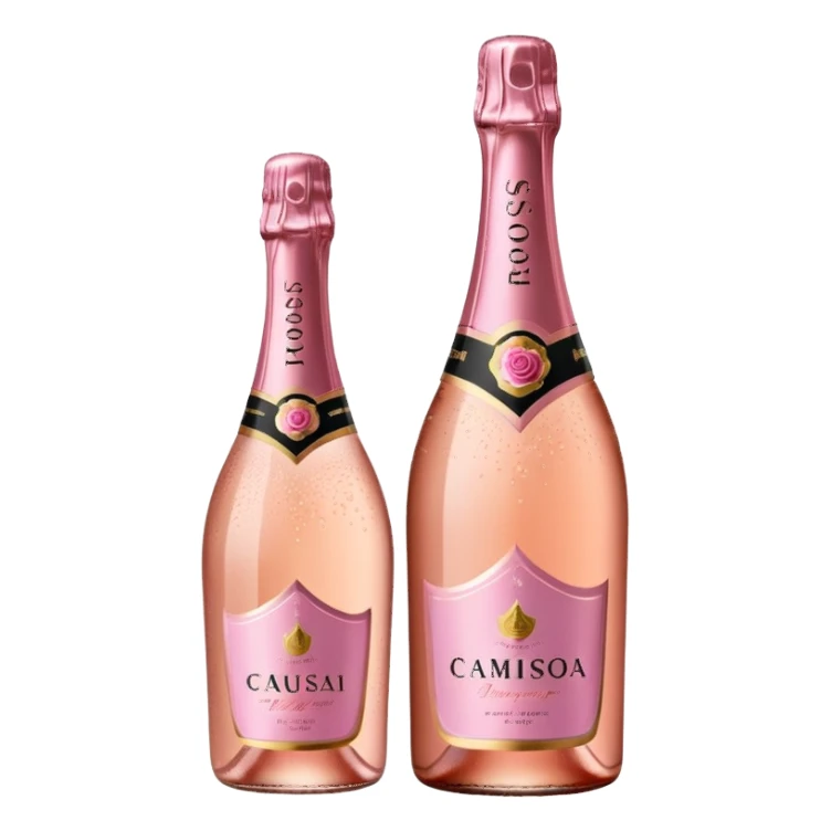 bottle of sparkling rosé champagne with a rose logo on the label, tilted up and to the right, no glass sticker