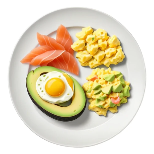 Breakfast plate with sliced avocado, scrambled-eggs and smoked salmon sticker