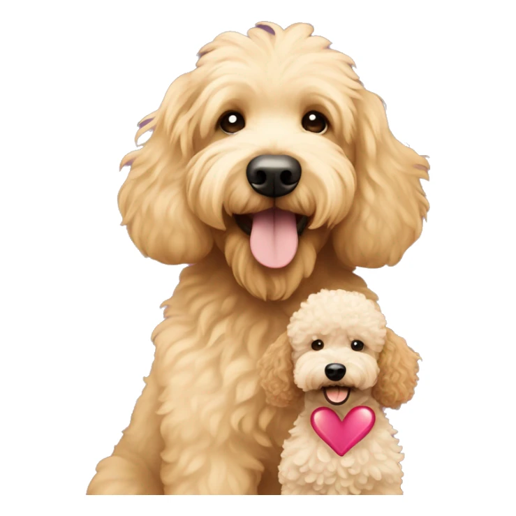 A goldendoodle and a miniature poodle hugging with heart sticker