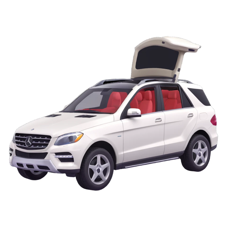 2015 Mercedes Benz ML350 SUV, white exterior, black interior, front angle, exterior doors open, 3D style sticker