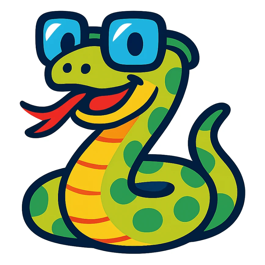 nerd snake with glasses, fun and expressive style, colorful cartoon illustration sticker