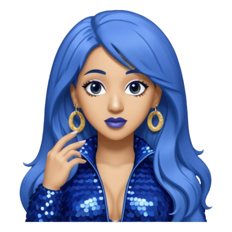 Cardi B with long dark blue hair, light periwinkle sequin outfit sticker
