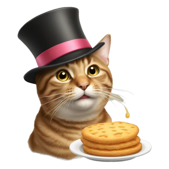 tabby cat with a tophat and a bow trying to eat food sticker