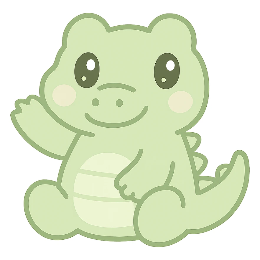 kawaii style crocodile, sitting, waving, soft green, sparkly eyes sticker