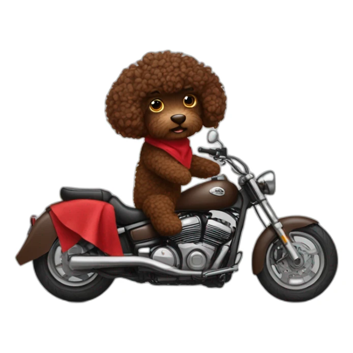 A chocolate brown doodle with curly fur wearing a red and black handkerchief riding a motorcycle sticker