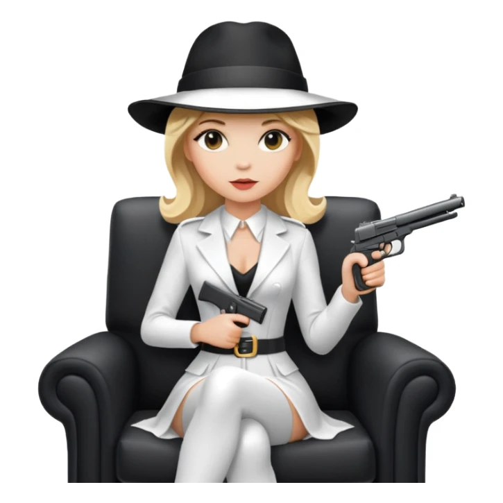 Mafia blondes Evil woman in hat , gun ,black armchair , white costume  sticker