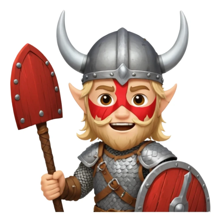 A young Viking warrior with messy hair painted cheeks, wooden shield, and fierce excited grin with horned helmet sticker