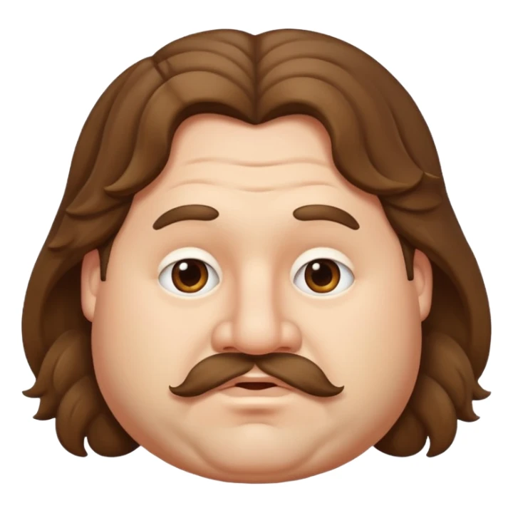 chubby man with brown wavy long hair and a big nose sticker