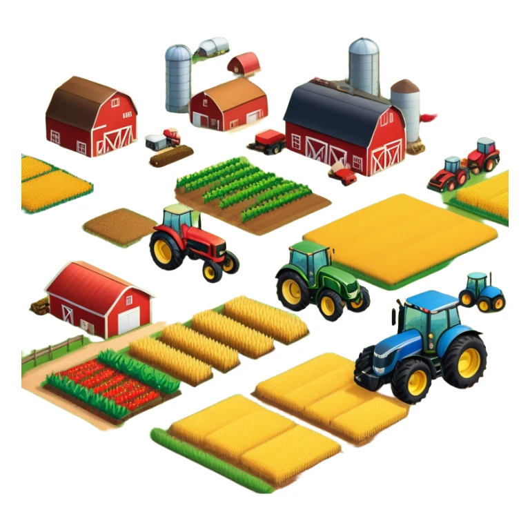 colorful rural landscape, inspired by farming simulators like Farming Simulator 22. The design shows fields, tractors, and barns, with vibrant crops and animals in the background. The peaceful farming scene symbolizes the immersive experience of managing a farm, with a transparent background sticker