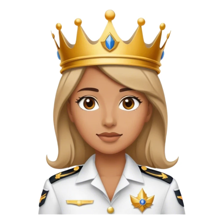 young woman wearing a captains uniform and a crown sticker