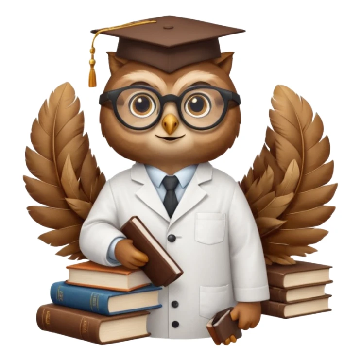 Wise owl with glasses, wearing a lab coat, perched on a stack of books. sticker