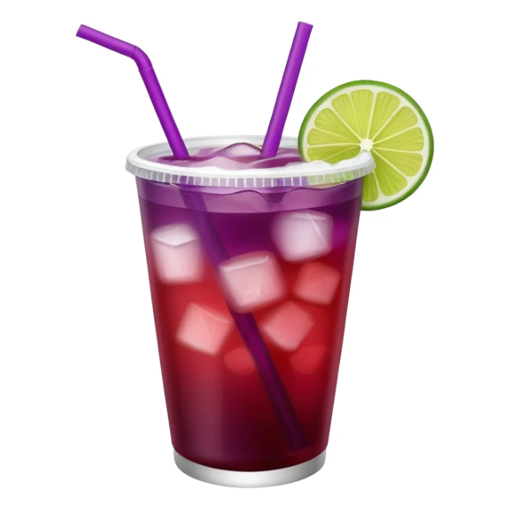 maroon purple cocktail with a lime wedge in the drink in a plastic cup with lid and straw - no lime on edge

 sticker