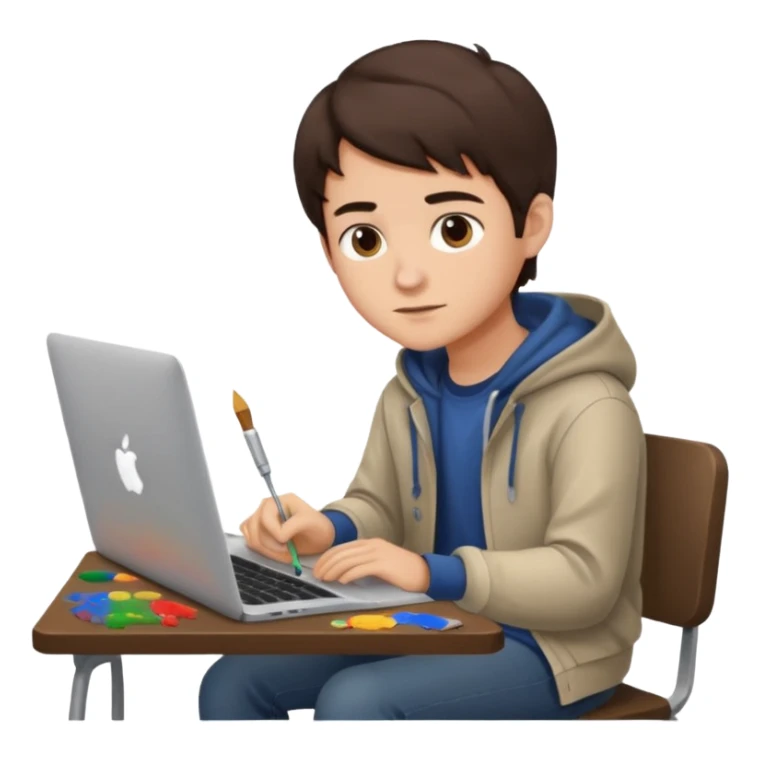 boy working in Macbook, he is graphic designer and paint artist, he seat front side and hair dark brown color sticker