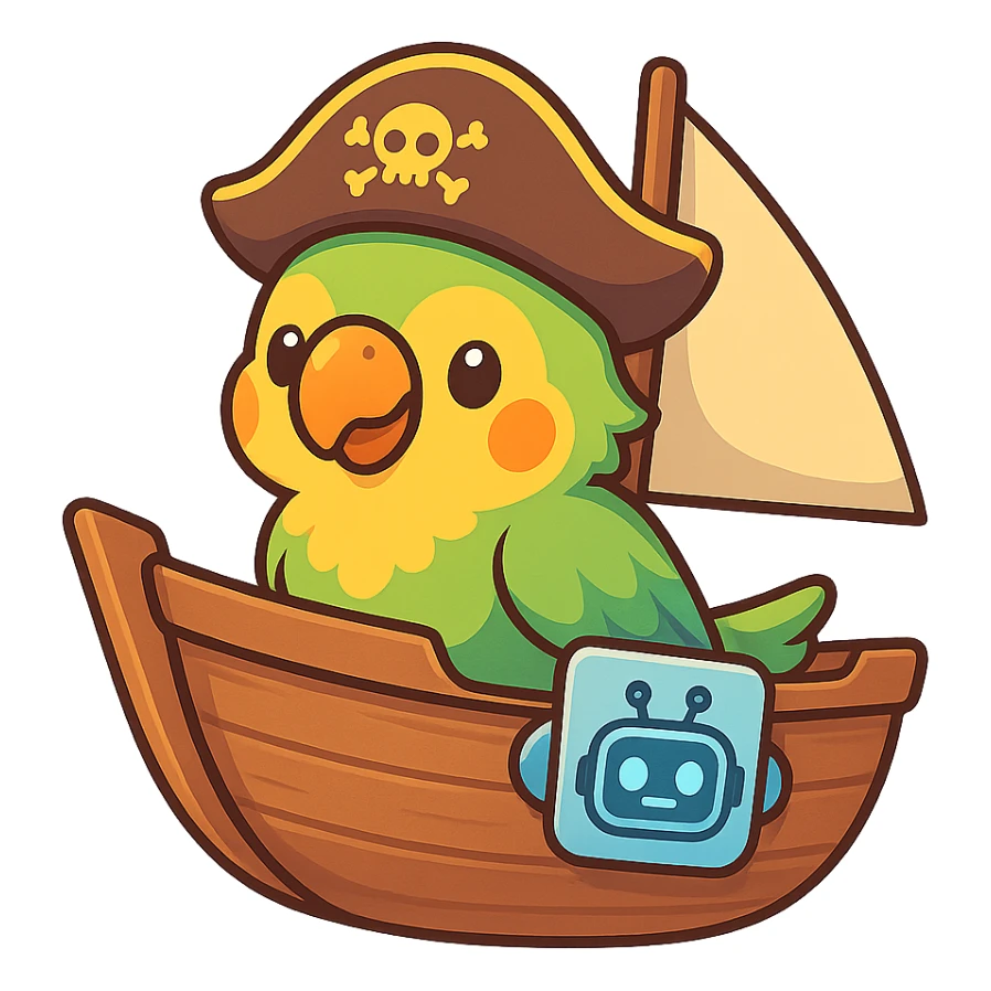 shippit-parrot style parrot in a boat, featuring a clear AI/copilot icon robotic or digital as part of the ship, vibrant animated style sticker