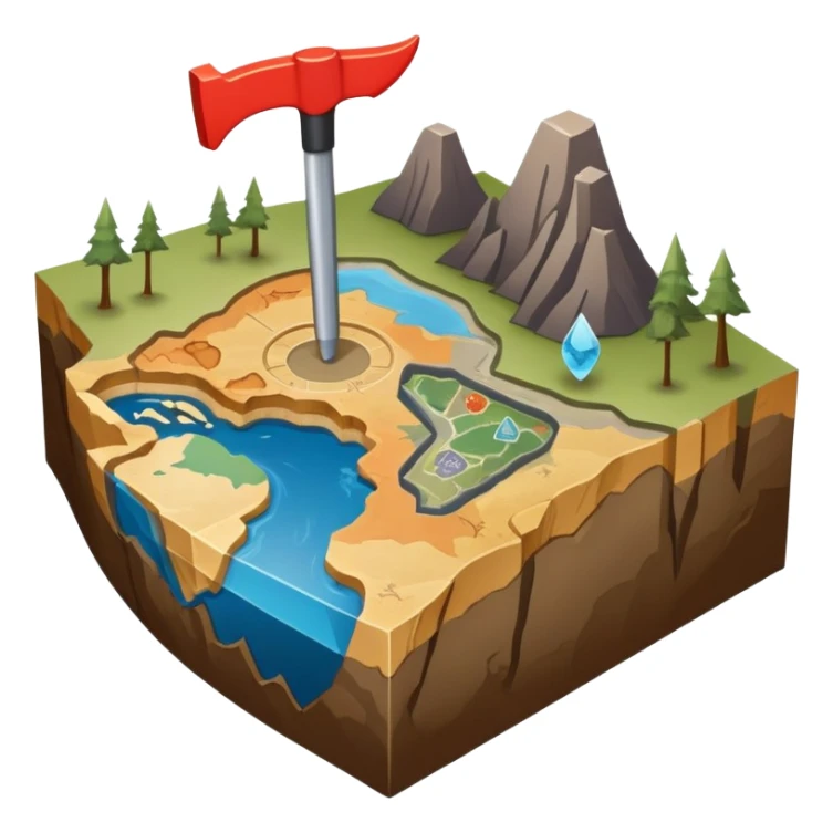 An icon featuring a crowbar and a geological map, and layers of Earth’s crust, symbolizing geology. The design includes mineral samples, fossils, and tectonic plates, representing the study of Earth’s structure and natural processes. Transparent background highlights geological exploration sticker