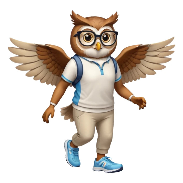 friendly anthropomorphised owl with visible wings, in pants and a shirt, wearing glasses, jogging upright, standard pose sticker
