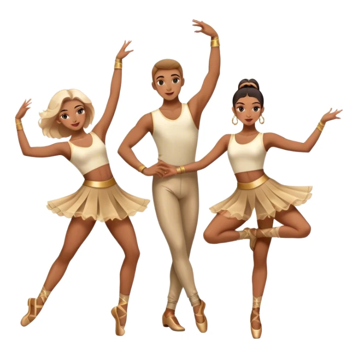 "Icon for Contemporary Dance: a synchronized guys and girls group performance on stage with backup dancers, bright stage lighting, and stylish dance outfits. The icon should capture the energy, precision, and excitement of a modern group dance performance. Transparent background. sticker