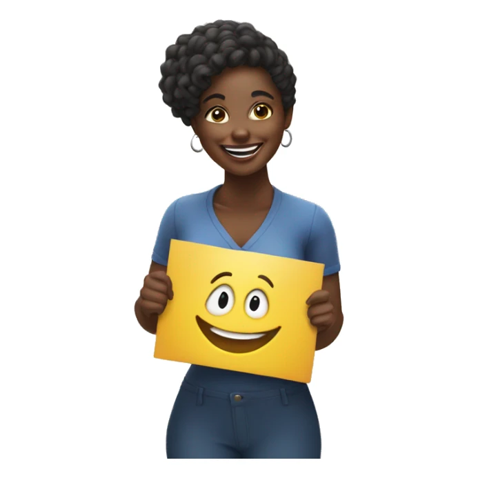 black woman holding up a sign with a smile sticker